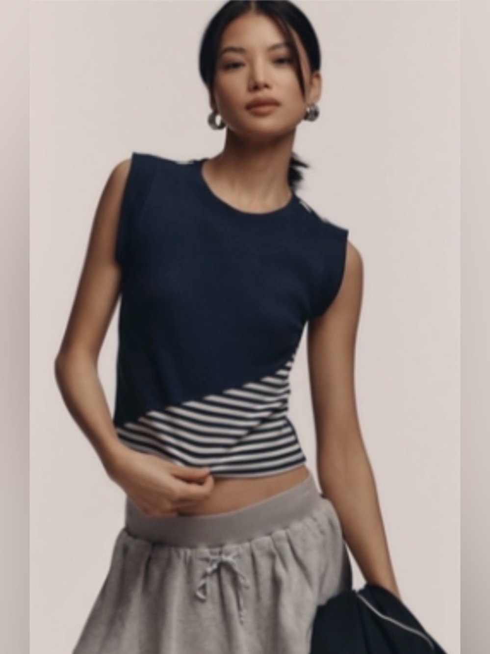 Maeve by Anthropologie Navy White Striped Colorblock Ribbed Muscle Tank Top Sz M